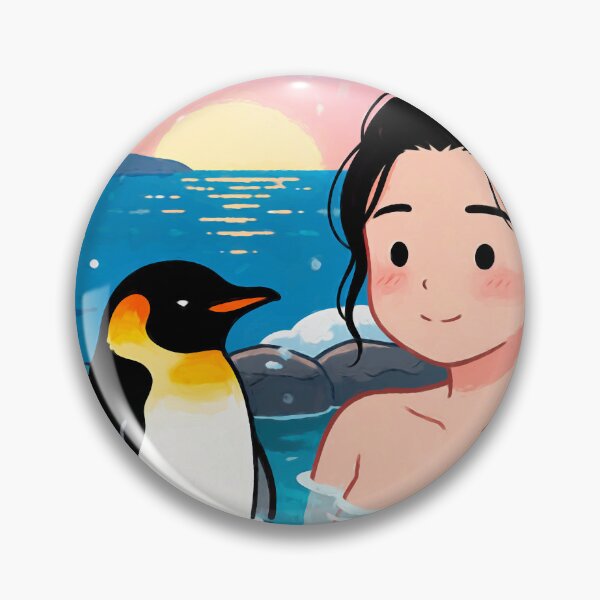 Item preview, Woman and penguin relax in a winter onsen at sunset designed and sold by EvgeniiV.