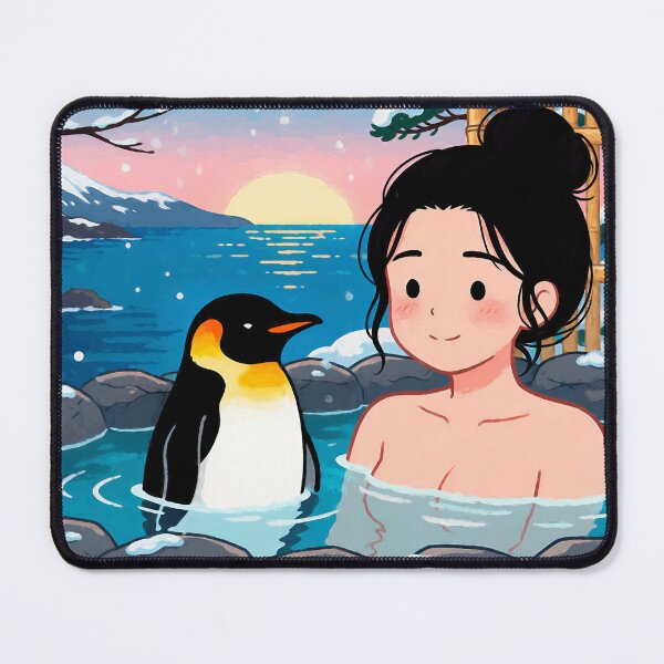 Item preview, Woman and penguin relax in a winter onsen at sunset designed and sold by EvgeniiV.