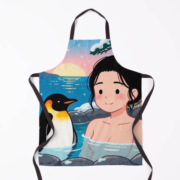 Item preview, Woman and penguin relax in a winter onsen at sunset designed and sold by EvgeniiV.