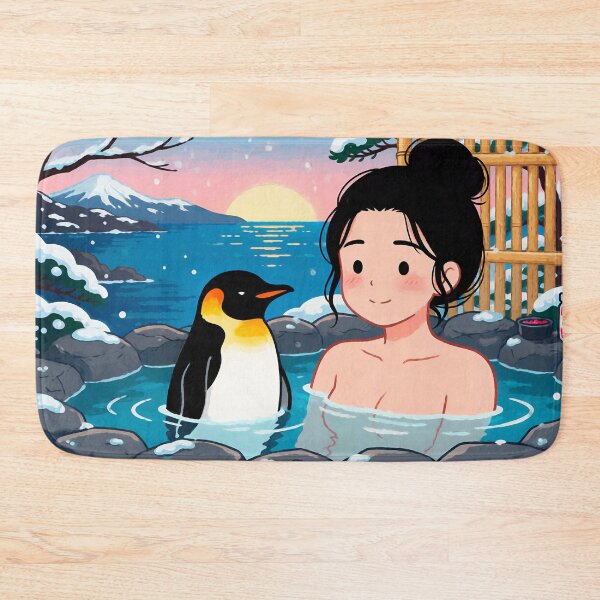 Item preview, Woman and penguin relax in a winter onsen at sunset designed and sold by EvgeniiV.