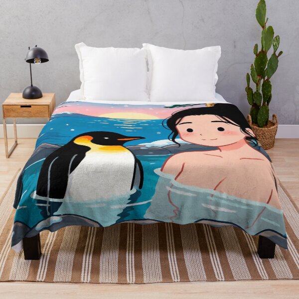 Item preview, Woman and penguin relax in a winter onsen at sunset designed and sold by EvgeniiV.