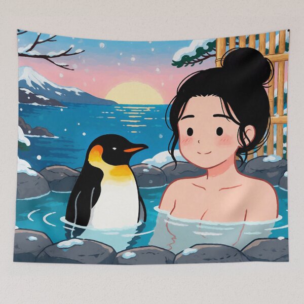 Item preview, Woman and penguin relax in a winter onsen at sunset designed and sold by EvgeniiV.