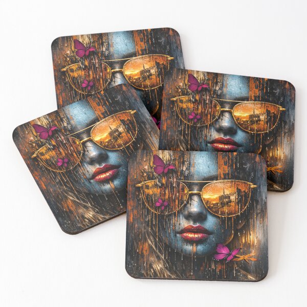 Item preview, Golden Sunset Sunglasses Woman with Butterflies – Urban Abstract Fashion Art Print designed and sold by Kaleidoscope Print.