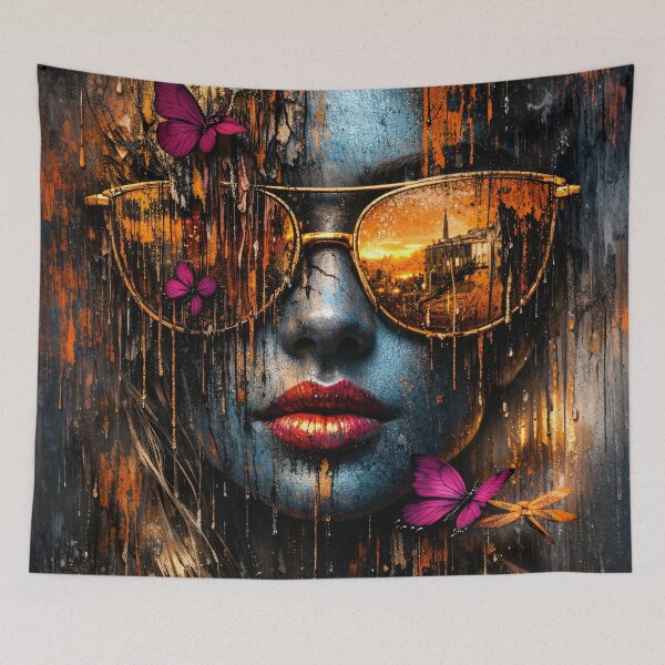 Item preview, Golden Sunset Sunglasses Woman with Butterflies – Urban Abstract Fashion Art Print designed and sold by Kaleidoscope Print.