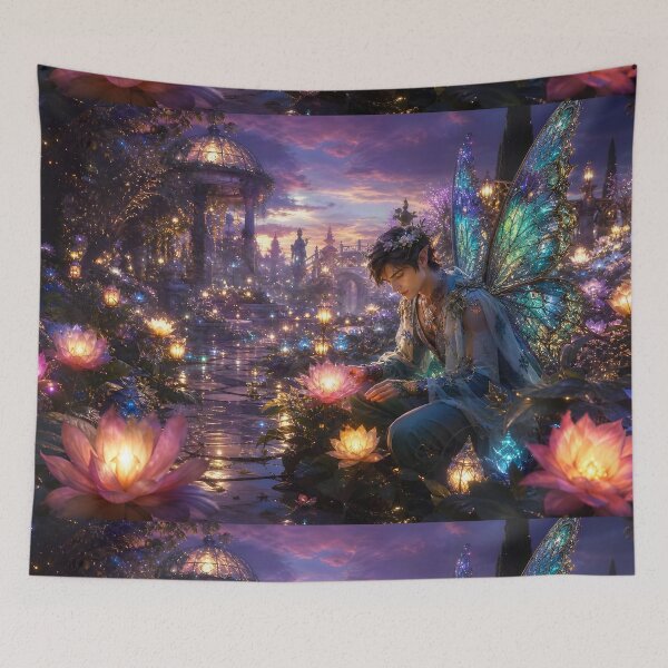 Item preview, Fairy Tending Glowing Lantern Flowers at Twilight designed and sold by sigmaartstudio.