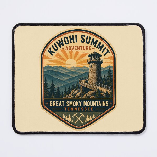 Item preview, Kuwohi Summit Tower Retro Hiking Badge | Great Smoky Mountains Vintage Travel Poster Sunset Design designed and sold by Globalcitytees.