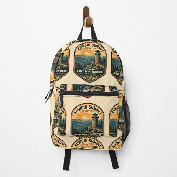 Item preview, Kuwohi Summit Tower Retro Hiking Badge | Great Smoky Mountains Vintage Travel Poster Sunset Design designed and sold by Globalcitytees.