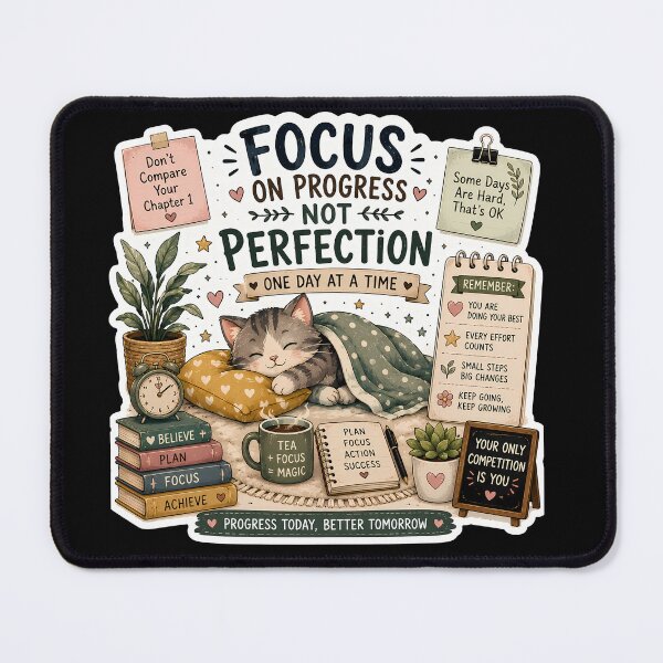 Item preview, Focus on Progress Not Perfection Cat Sticker | Cozy Motivational Cat | Self Growth Sticker designed and sold by GenZStickerHub1.