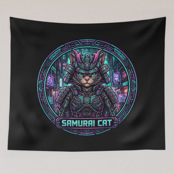 Item preview, Cyberpunk Samurai Cat - Japanese Neon Sci-Fi Warrior designed and sold by Surviving Monday Club.