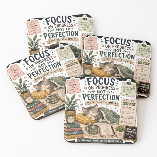 Item preview, Focus on Progress Not Perfection Cat Sticker | Cozy Motivational Cat | Self Growth Sticker designed and sold by GenZStickerHub1.