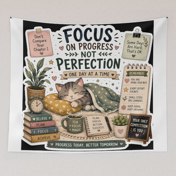 Item preview, Focus on Progress Not Perfection Cat Sticker | Cozy Motivational Cat | Self Growth Sticker designed and sold by GenZStickerHub1.