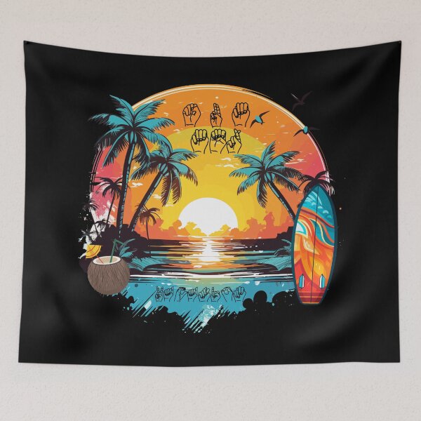 Item preview, Summer Vacation ASL Fingerspelling | Tropical Beach Sunset & Surfboard designed and sold by ASL SIGNPRO CLEARSIGNS.