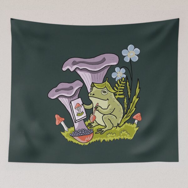 Item preview, ​Frog Cottagecore Art: Toad Painter Under Giant Purple Mushrooms  designed and sold by LeshanArt.