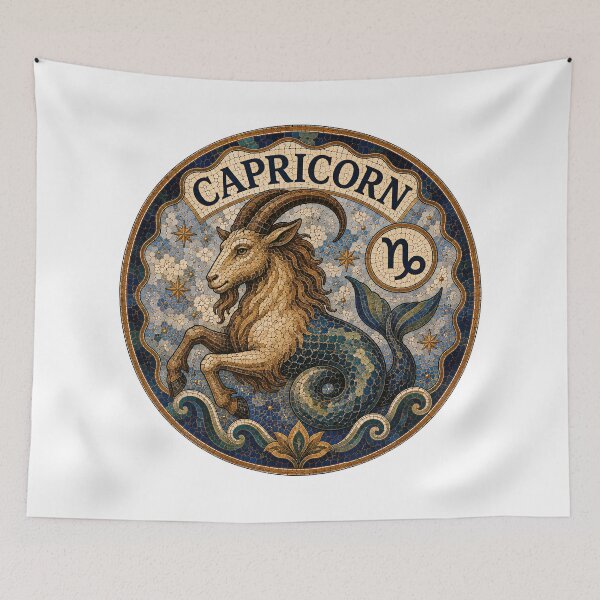 Item preview, Capricorn Zodiac Mosaic Emblem – Ornate Sea-Goat Astrology Symbol in Vintage Gold and Blue designed and sold by portokalis.