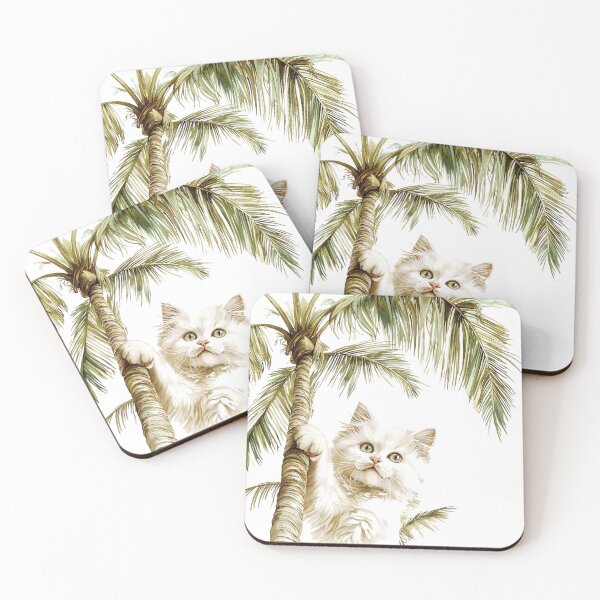 Item preview, Cute White Cat Climbing a Tropical Palm Tree | Funny Beach Cat Illustration designed and sold by Awarrie.
