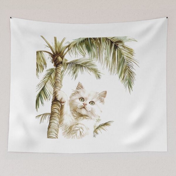Item preview, Cute White Cat Climbing a Tropical Palm Tree | Funny Beach Cat Illustration designed and sold by Awarrie.