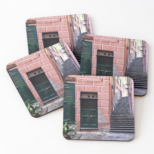 Item preview, Mediterranean green doors, pink walls, and stairway color fine art photograph wall art designed and sold by Jéanpaul  Ferro.
