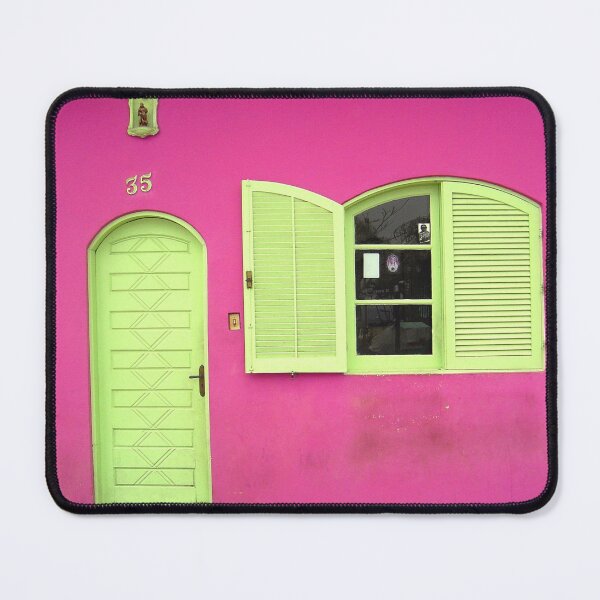 Item preview, Tropical island yellow door and pink house color fine art photograph wall art designed and sold by Jéanpaul Ferro.