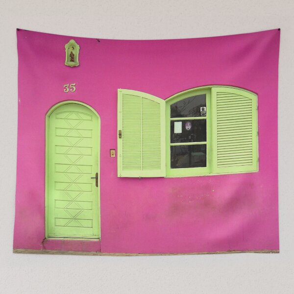 Item preview, Tropical island yellow door and pink house color fine art photograph wall art designed and sold by Jéanpaul  Ferro.