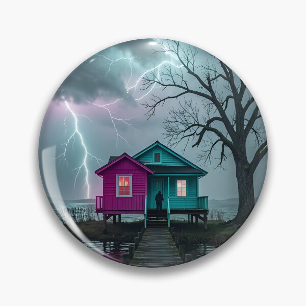 Item preview, The glow of solitude: House by the lake in a thunderstorm designed and sold by VoidVeilStudio.