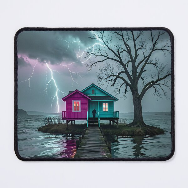 Item preview, The glow of solitude: House by the lake in a thunderstorm designed and sold by VoidVeilStudio.