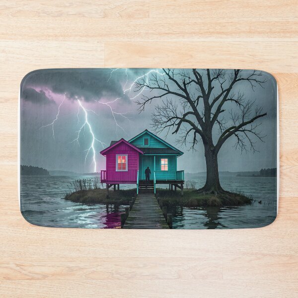 Item preview, The glow of solitude: House by the lake in a thunderstorm designed and sold by VoidVeilStudio.