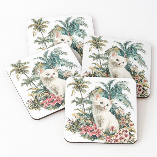 Item preview, Cute White Kitten in Tropical Flowers | Palm Tree Botanical Cat Art designed and sold by Awarrie.