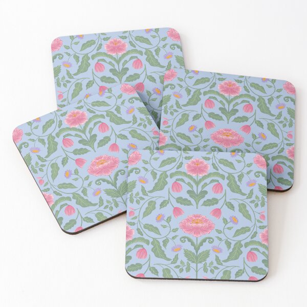 Item preview, Hand Painted Pink Peonies and Lavender Daisies on Soft Blue with Sage Green Leaves designed and sold by Karima Deiss.