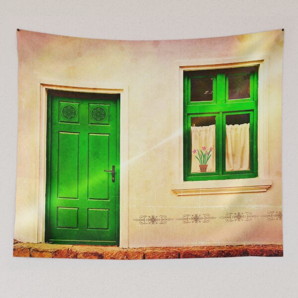 Item preview, Antique green door and window European colorful fine art photograph wall print designed and sold by Jéanpaul  Ferro.