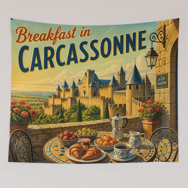 Item preview, Breakfast in Carcassonne, France: scenic-Style Painterly Travel Poster designed and sold by LSVart.
