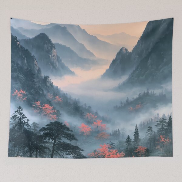 Item preview, Ink Wash Mountains Cherry Blossom Japanese Art designed and sold by FrostyFrisby.