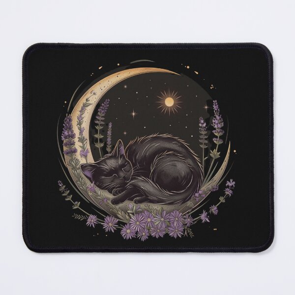 Item preview, Witchy Black Cat on Floral Crescent Moon with Lavender and Crystals designed and sold by Neuro Muse Studio.