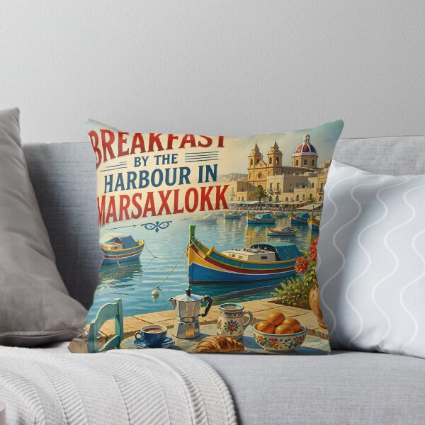 Item preview, Breakfast by the Harbour in Marsaxlokk, Malta: scenic-Style Painterly Travel Poster designed and sold by LSVart.