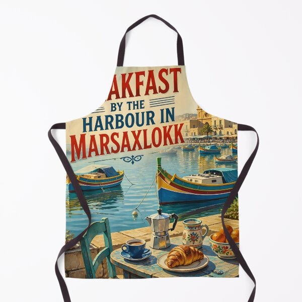 Item preview, Breakfast by the Harbour in Marsaxlokk, Malta: scenic-Style Painterly Travel Poster designed and sold by LSVart.