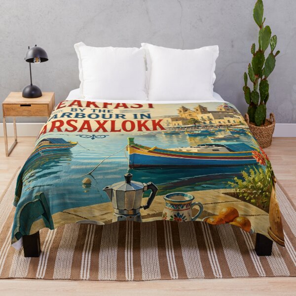 Item preview, Breakfast by the Harbour in Marsaxlokk, Malta: scenic-Style Painterly Travel Poster designed and sold by LSVart.