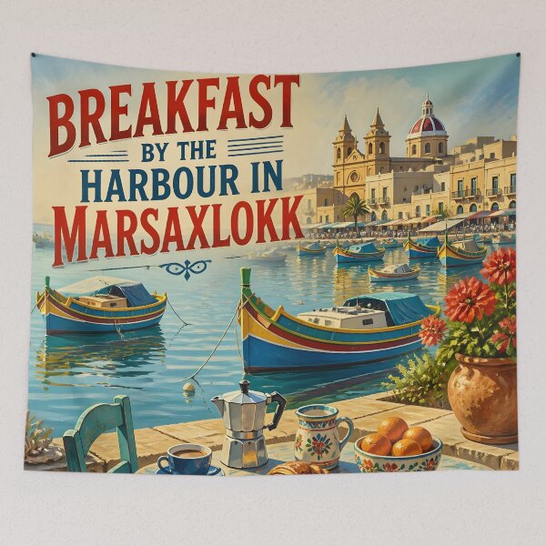Item preview, Breakfast by the Harbour in Marsaxlokk, Malta: scenic-Style Painterly Travel Poster designed and sold by LSVart.