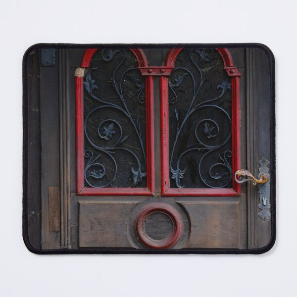 Item preview, Antique wooden door with red accents and wrought iron colorful fine art photograph wall art designed and sold by Jéanpaul Ferro.
