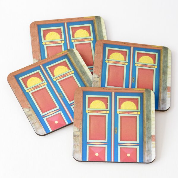 Item preview, Red, blue, and sunburst yellow antique door colorful fine art photograph wall art designed and sold by Jéanpaul  Ferro.