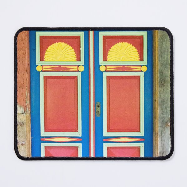 Item preview, Red, blue, and sunburst yellow antique door colorful fine art photograph wall art designed and sold by Jéanpaul Ferro.
