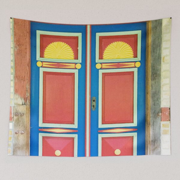 Item preview, Red, blue, and sunburst yellow antique door colorful fine art photograph wall art designed and sold by Jéanpaul  Ferro.