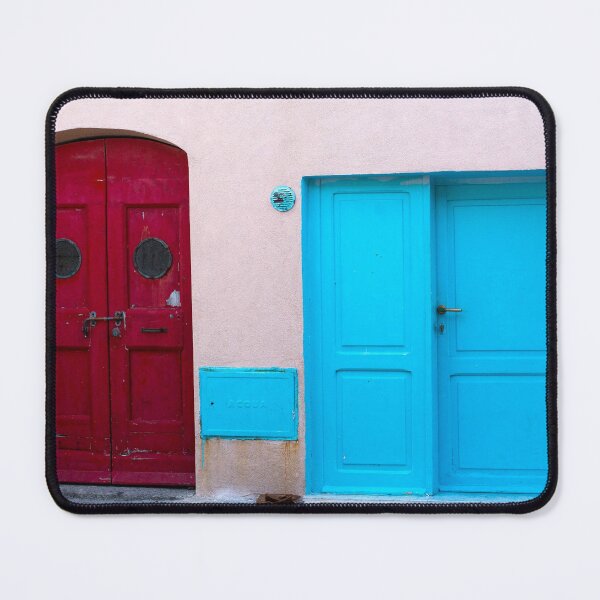 Item preview, Oxblood red and teal turquoise doors colorful fine art European photograph wall art designed and sold by Jéanpaul Ferro.