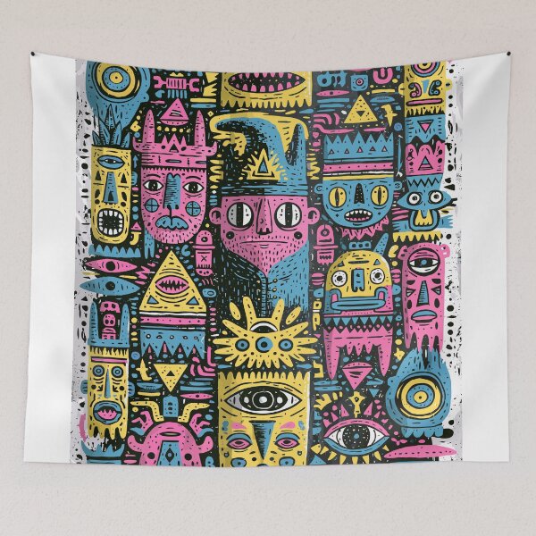 Item preview, Vibrant Folk Art Faces Maximalist Doodle Pattern designed and sold by Romgora.