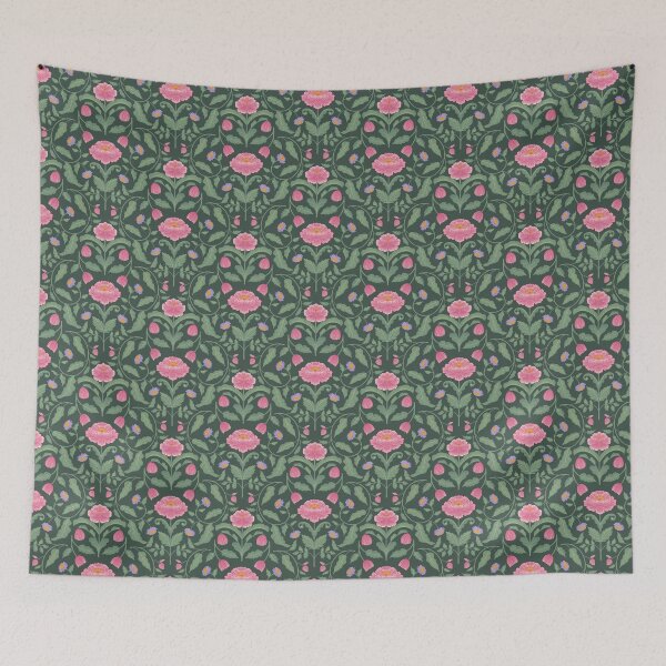 Item preview, Pink Peonies and Purple Flowers on Deep Teal with Lush Green Foliage Hand Painted  designed and sold by Karima Deiss.