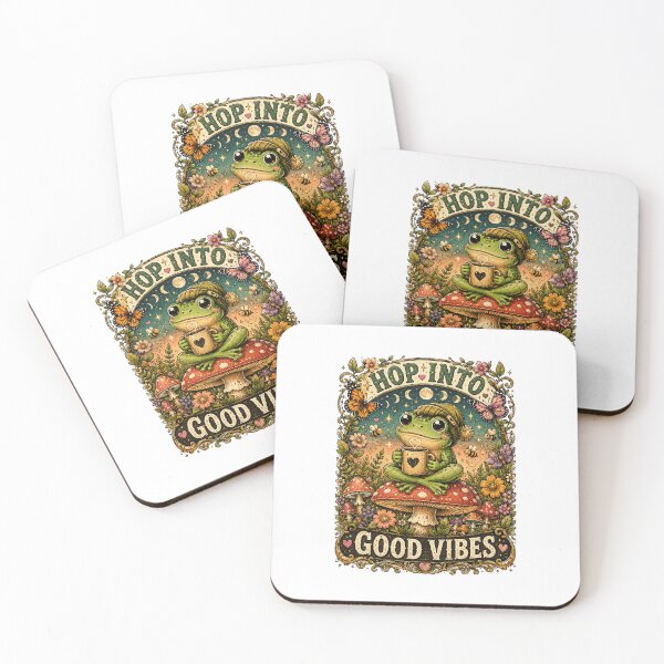 Item preview, Hop Into Good Vibes Cute Frog with Coffee Cottagecore Vintage Nature T-Shirt Design designed and sold by MMK1SHOP.