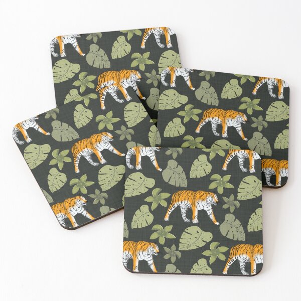 Item preview, Tiger and Tropical Botanical Leaves Charcoal Green designed and sold by JasmineGDesigns.