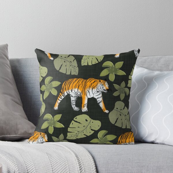 Item preview, Tiger and Tropical Botanical Leaves Charcoal Green designed and sold by JasmineGDesigns.