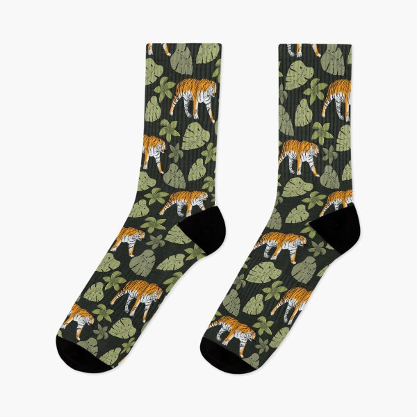 Item preview, Tiger and Tropical Botanical Leaves Charcoal Green designed and sold by JasmineGDesigns.