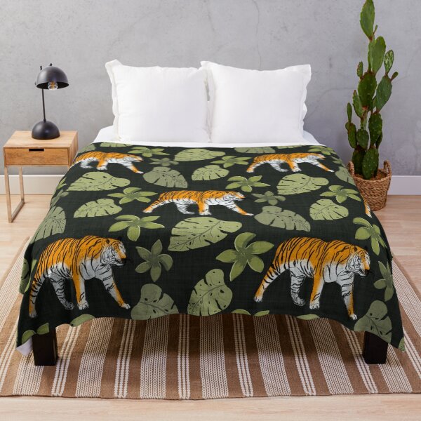 Item preview, Tiger and Tropical Botanical Leaves Charcoal Green designed and sold by JasmineGDesigns.