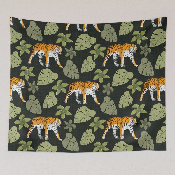 Item preview, Tiger and Tropical Botanical Leaves Charcoal Green designed and sold by JasmineGDesigns.