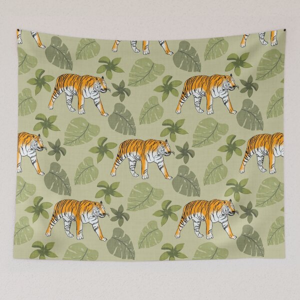 Item preview, Tiger and Tropical Botanical Leaves Sage Green designed and sold by JasmineGDesigns.